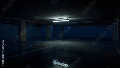 Subterranean Shadows: An underground parking garage bathed in an ambient darkness, revealing concrete pillars, soft lighting, and a solitary water stain on the ground.
