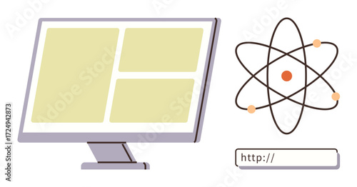 Monitor with grid, atom model symbolizing science, and web address bar linking technology, education, and digital access. Ideal for e-learning, technology, science, internet research education