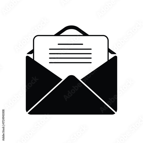 Simple black and white illustration of an opened envelope with paper