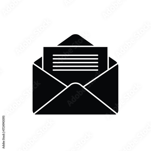 Simple black and white illustration of an open envelope with a letter