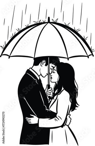 Romantic couple embracing under an umbrella in the rain illustration on transparent background