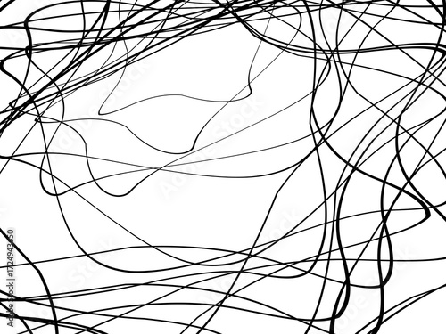Black tangled thread background. Circular abstract pen stroke vector illustration, on a white background. Hand drawn tangled doodles. Vector illustration isolated on white background.