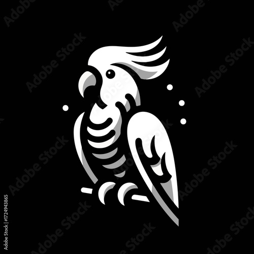 Illustration of a white cockatoo perched on a branch against a black background with small white dots