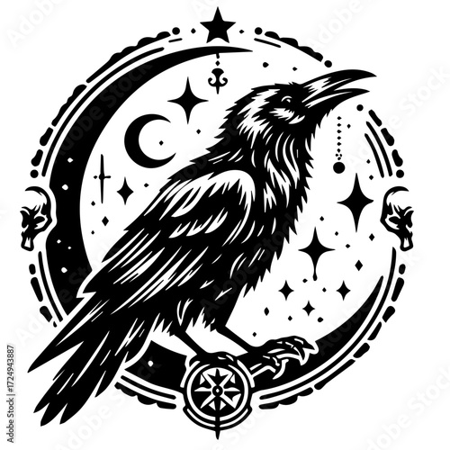 A black raven perched on a wheel symbol against a crescent moon and star filled night sky backdrop design