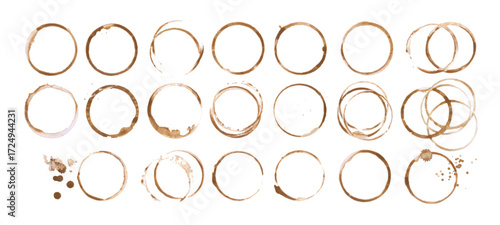 Coffee cup or tea stain drink ring vector illustration set isolated on white background. Coffee stain mark trace ring cup spot trace. Brown round splashes of drink collection.