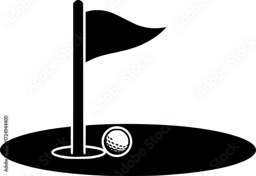 a black golf course icon, a small flag waving, a hole, a golf ball, white background

