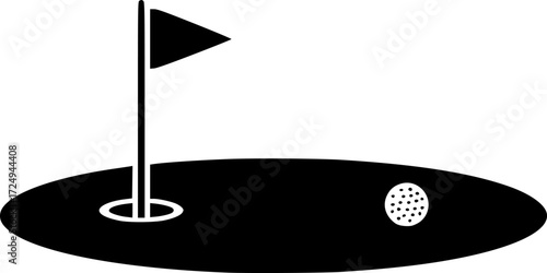 a black golf course icon, a small flag waving, a hole, a golf ball, white background

