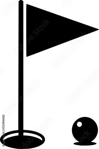 a black golf course icon, a small flag waving, a hole, a golf ball, white background

