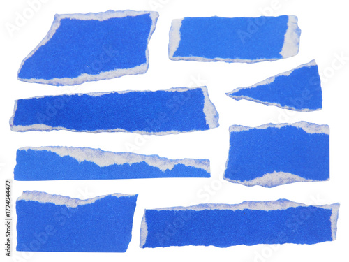 Set of pieces of torn or cut blue paper, design elements isolated on white background.