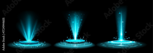 Futuristic AI portal with blue energy beams and circular platforms for sci-fi concepts. Glowing holographic gates with light rays and particles. Digital teleportation or data transfer visualization