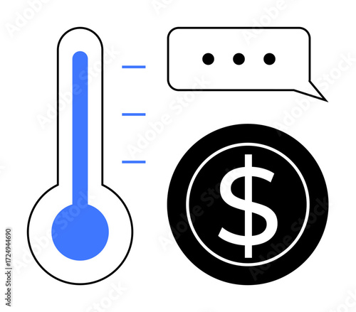 Thermometer with temperature lines, speech bubble with three dots, and large dollar icon. Ideal for finance, performance, communication, feedback, goals monitoring and minimal designs. Simple flat