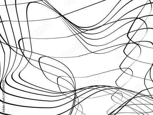 Black tangled thread background. Circular abstract pen stroke vector illustration, on a white background. Hand drawn tangled doodles. Vector illustration isolated on white background.