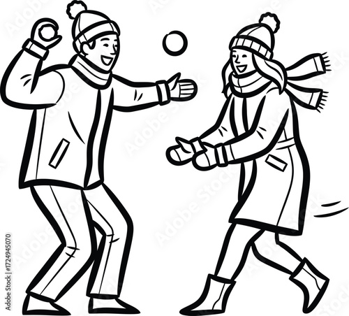 Man and woman enjoy a playful snowball fight in winter clothing outdoors on transparent background
