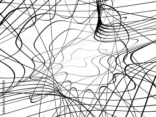 Black tangled thread background. Circular abstract pen stroke vector illustration, on a white background. Hand drawn tangled doodles. Vector illustration isolated on white background.