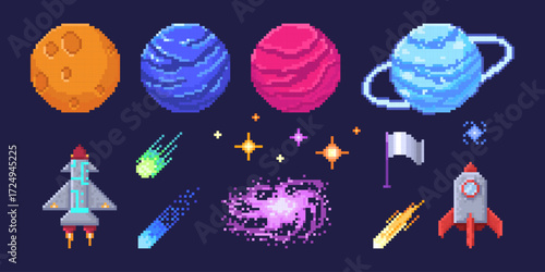 Retro pixel planet set with colorful worlds, spaceships and cosmic elements for game design. Saturn with ring and rocket, comet and stars with galaxy spiral. 8 bit space elements for arcade interface