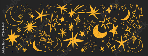 Golden star collection with grunge crayon spark textures - hand drawn celestial elements of moons, starbursts and twinkling shapes. Decorative astronomy set for night sky design illustrations.