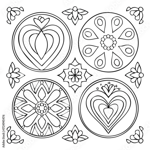 Elegant Mandala Hearts  Flowers Coloring Page Design