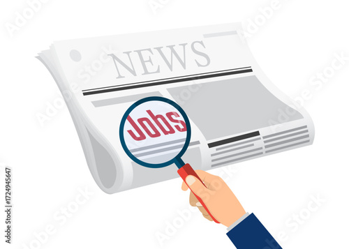 Hands hold magnifying glasses search for job on news paper stock illustration