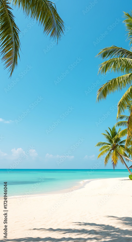 Fototapeta premium Escape to paradise with this stunning tropical beach featuring white sand, turquoise water, and swaying palm trees under a clear blue sky