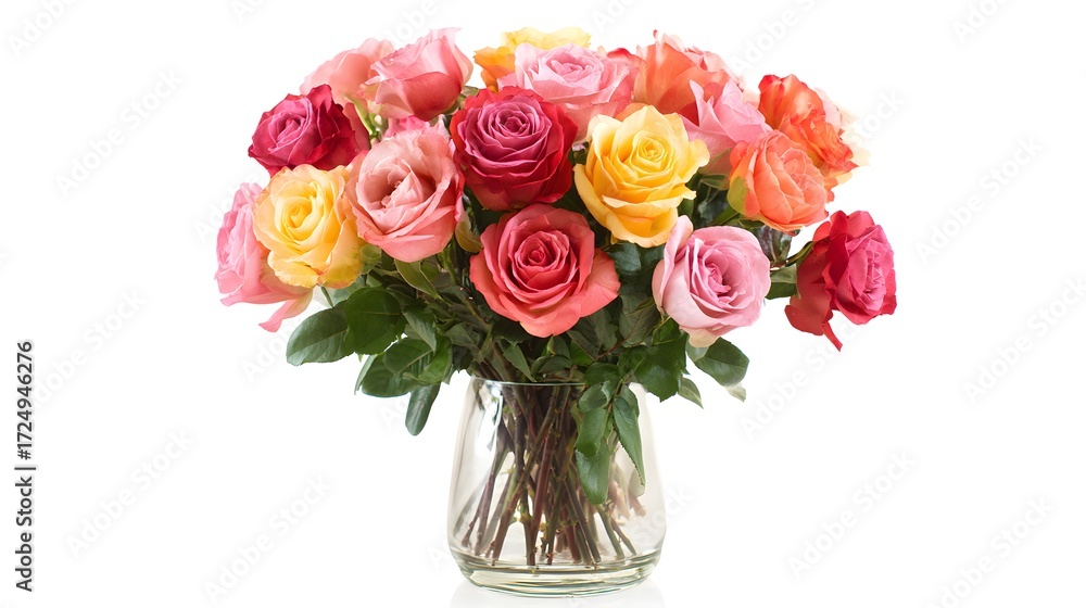 Obraz premium Vibrant bouquet of assorted roses in glass vase, romantic floral arrangement, celebration, gift giving