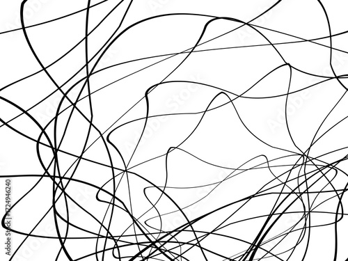 Black tangled thread background. Circular abstract pen stroke vector illustration, on a white background. Hand drawn tangled doodles. Vector illustration isolated on white background.