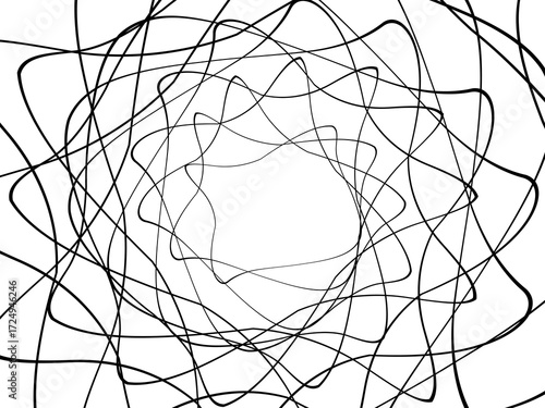 Black tangled thread background. Circular abstract pen stroke vector illustration, on a white background. Hand drawn tangled doodles. Vector illustration isolated on white background.