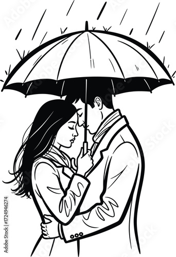 Romantic couple embracing under an umbrella in the rain monochrome style on transparent background