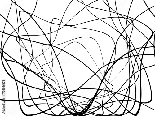 Black tangled thread background. Circular abstract pen stroke vector illustration, on a white background. Hand drawn tangled doodles. Vector illustration isolated on white background.