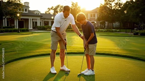 Father teaching son mini golf private country club cinematic sunlight lush green field. dad coaching putt putt exclusive golf club golden hour bright sunshine verdant lawn.
