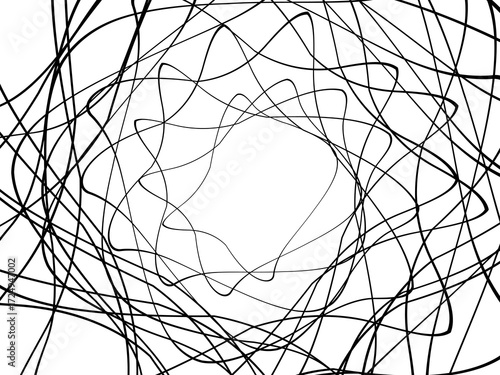 Black tangled thread background. Circular abstract pen stroke vector illustration, on a white background. Hand drawn tangled doodles. Vector illustration isolated on white background.