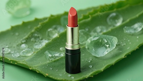 Coral Lipstick on Aloe Vera Leaf with Dew Drops: Natural Beauty Product Photography