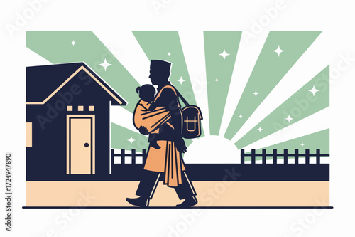 Vector illustration of a father in traditional Malay attire carrying his baby in a sling, walking home at sunrise, symbolizing the journey of fatherhood