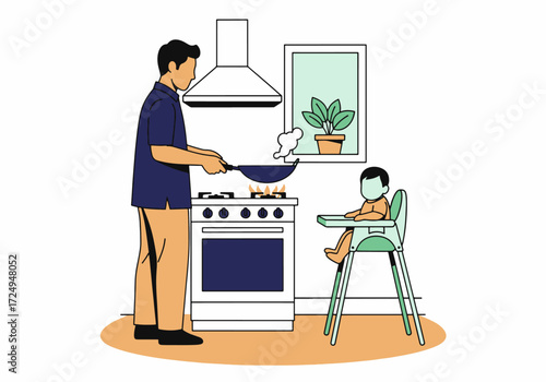 A Modern Father's Love Man Cooking a Meal in the Kitchen While His Baby Sits Happily in a High Chair, Depicting Active Parenting and Domestic Life