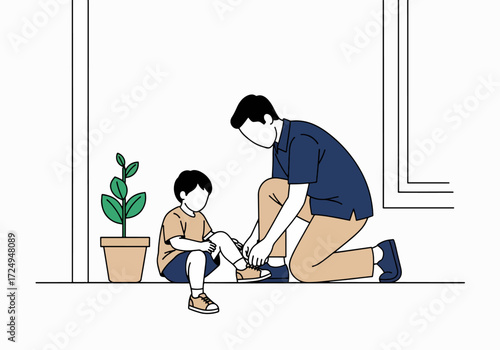 A father helping his son put on his shoes at home, nurturing a bond of love and care