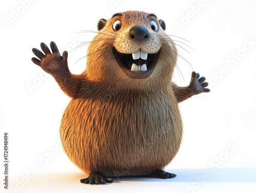 Friendly 3D Cartoon Beaver Character Waving with Big Teeth Showing and Cheerful Facial Expression Isolated on White Background  Cute Furry Rodent Wildlife for Nature Animal or Cartoon Designs