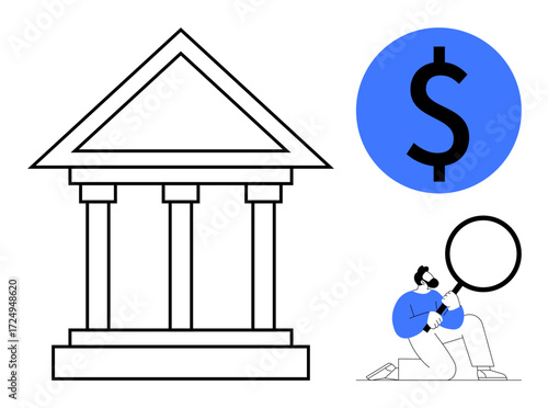 Bank building with columns, dollar sign, and person using magnifying glass. Ideal for finance, banking, investment, economy, auditing savings research themes. Simple flat metaphor
