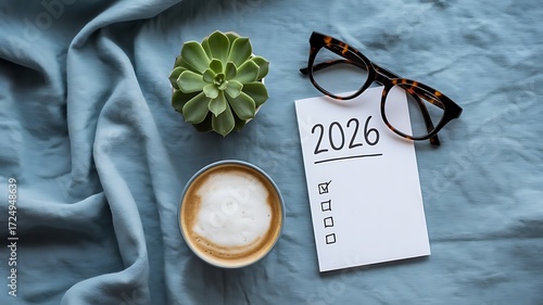 2026 New Year Goals, New Year Routine, Goals 2026 List on Notepad with Coffee and Festive Decorations on Table, Planning resolutions for New Year 2026, created with generative ai