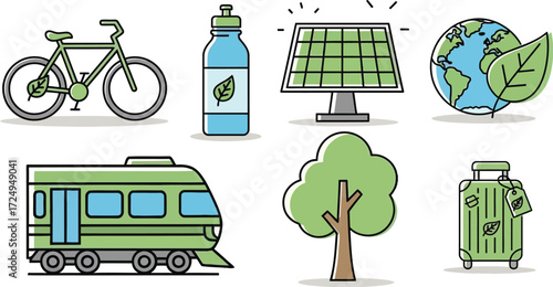 Eco friendly lifestyle and sustainability concept with transport energy and travel vector illustration