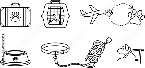 Dog travel essentials vector illustration, suitcase, carrier, airplane, leash, bowl, car, paw prints
