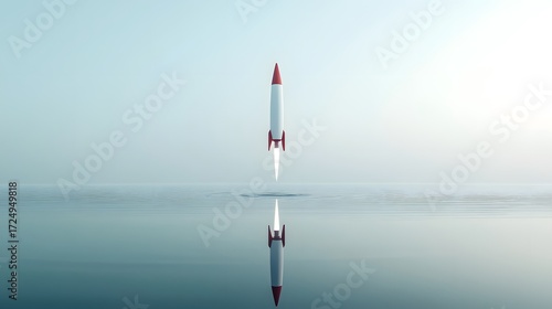 Rocket Launching with Flames Over Tranquil Lake and Mountain Scene