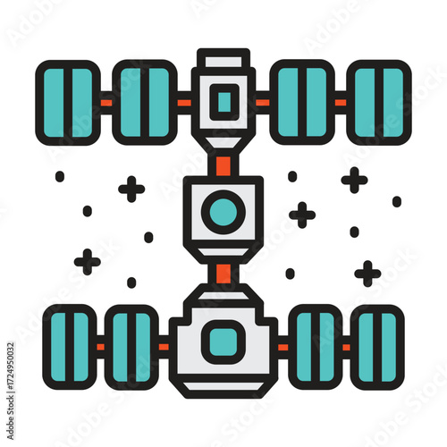 Stylized icon of a space station with solar panels and stars