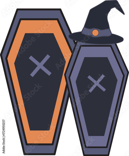 Flat Halloween illustration of two coffins with cross decoration, ideal for horror themes, party posters, and creepy graphics.