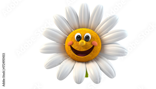 Cheerful yellow daisy smiles, a 3D render with transparent background. Great for social media, kid's products, posters.