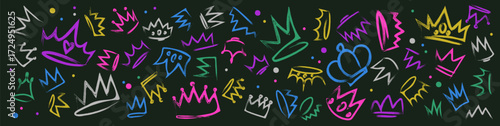 Colorful crown doodle set with royal zigzag patterns and dots on black bg for playful monarchy design. Hand drawn regal symbols with neon outlines for party decoration or street art style graphics.