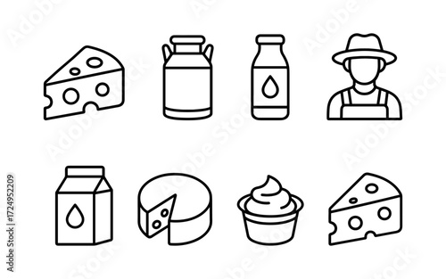 Dairy products and milk industry icons set. Cheese, milk, yogurt, farmer and cream. Outline vector illustrations
