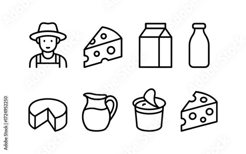 Dairy products and milk industry icons set. Cheese, milk, yogurt, farmer and cream. Outline vector illustrations