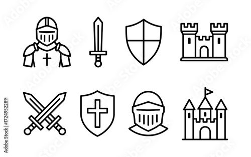 Medieval knight and castle icons set. Armor, sword, shield and fortress. Outline vector illustrations