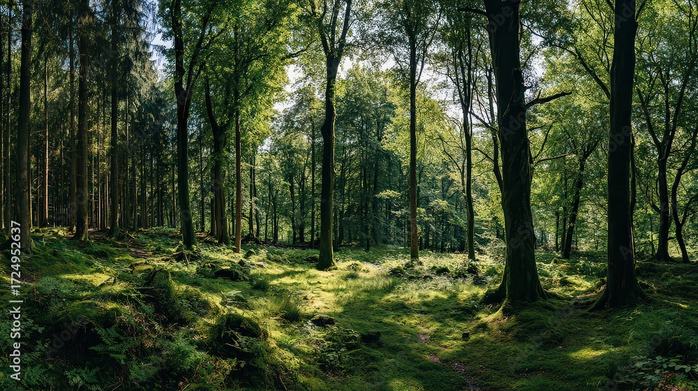 Obraz premium Dense Forest Sunlight Filtering Through Trees