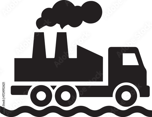Industrial truck silhouette with factory smoke emitting into the air