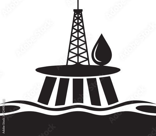 Offshore oil rig silhouette extracting crude oil drop from sea waves energy exploration industry icon